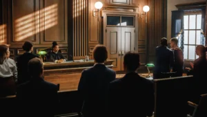 A court room with lawyers and a judge present.